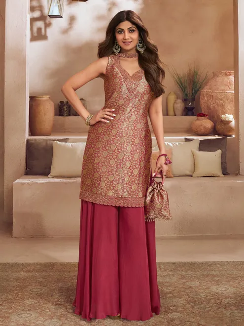 Wine silk palazzo set with zardosi detailing