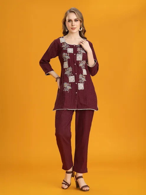 Wine silk pant co-ord set with embroidered details