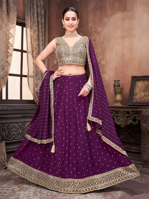 Wine silk resham and sequins worked lehenga choli