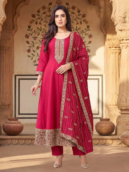 Wine silk salwar suit detailed with stone work