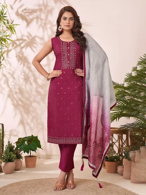 Wine silk salwar suit with embroidery and dupatta