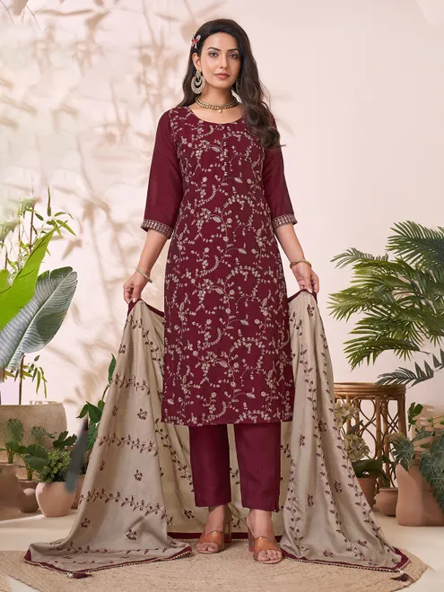 Wine silk salwar suit with resham and sequins work