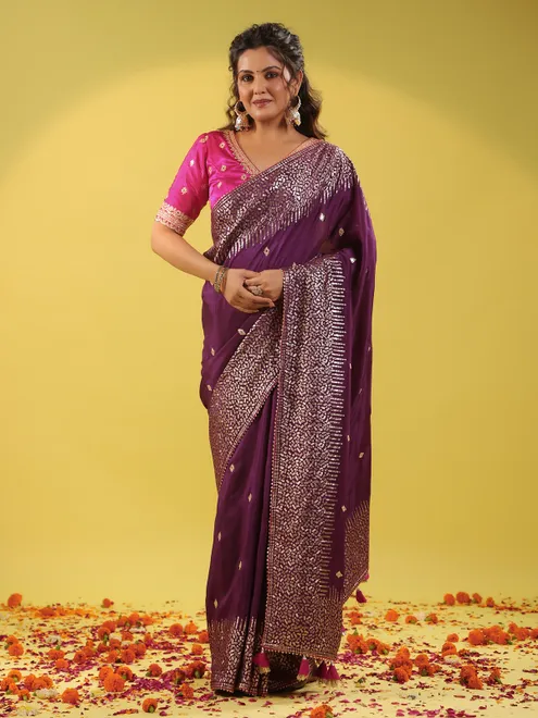 Wine silk saree for wedding celebration wear