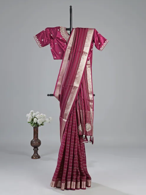 Wine silk saree with embroidered readymade blouse