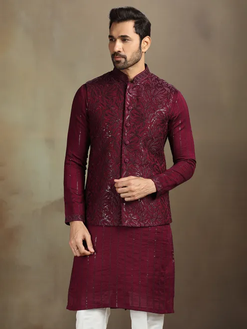 Wine silk sequin waistcoat set for men