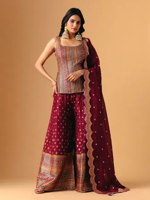 Wine silk square neck sleeveless palazzo suit for women