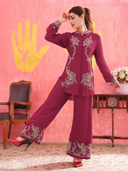 Wine silk stand collar palazzo suit with thread and sequins