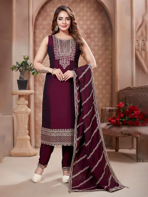 Wine silk straight cut salwar suit for women