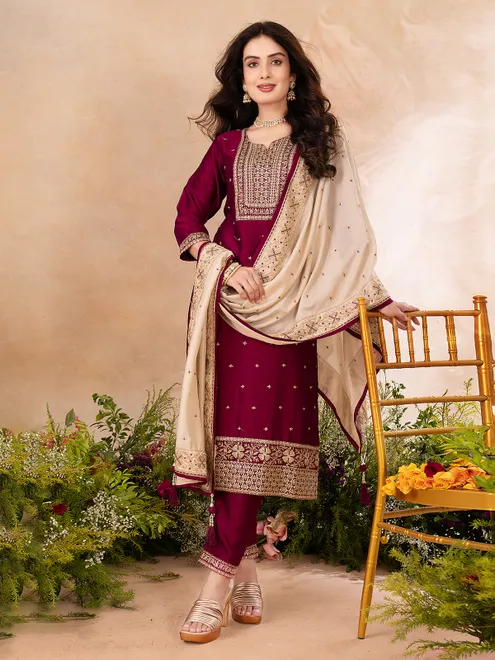 Wine silk sweetheart neck salwar suit