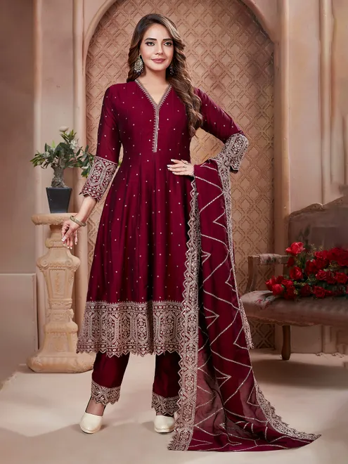 Wine silk V neck salwar suit with dupatta