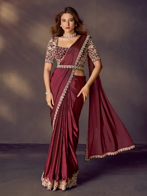 Wine soft silk saree with diamond and pearl finesse