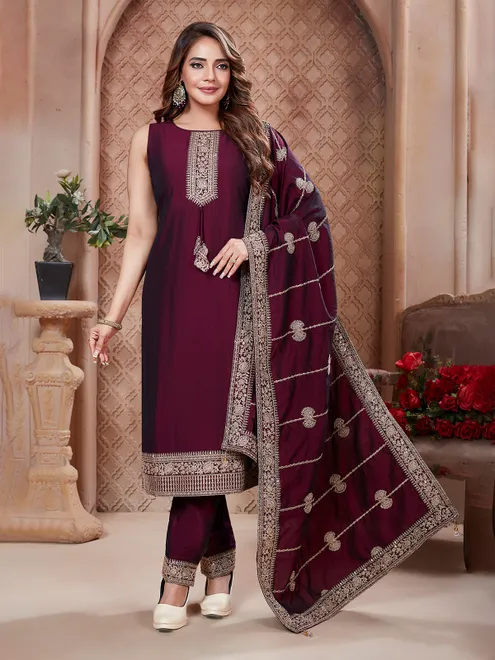 Wine straight cut sleeveless salwar suit