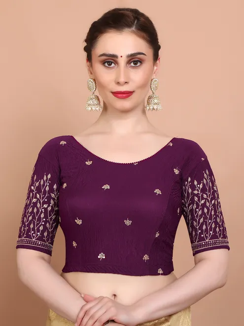 Wine strechable embroidered ready made blouse in lycra