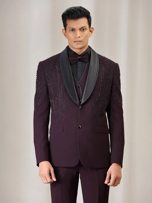 Wine terry rayon coat suit with cutdana and beads work