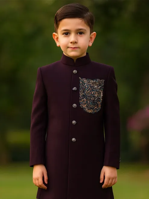 Wine terry rayon indowestern suit for wedding