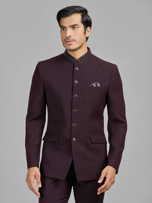 Wine terry rayon jodhpuri suit for wedding celebrations