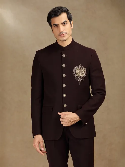 Wine terry rayon jodhpuri suit for wedding wear