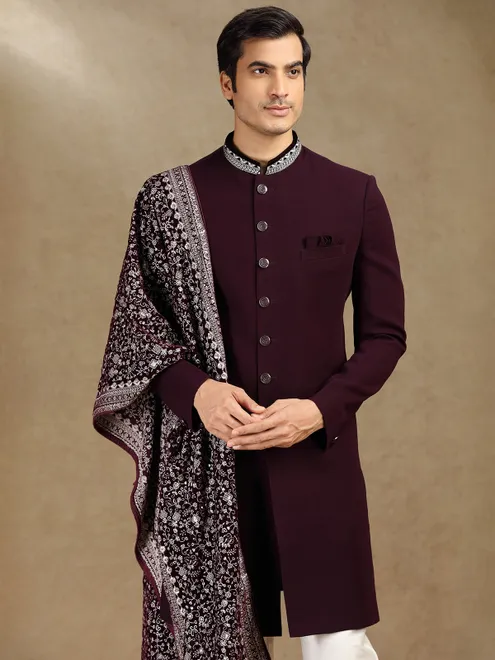 Wine terry rayon wedding wear indo western with dupatta