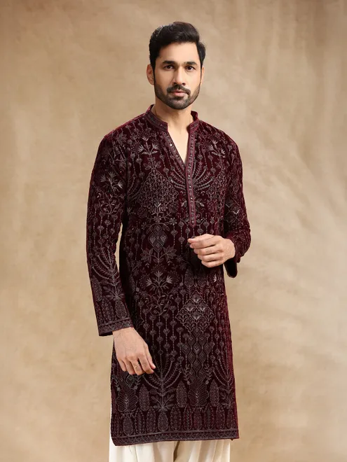 Wine velevt men kurta pajama with embroidery