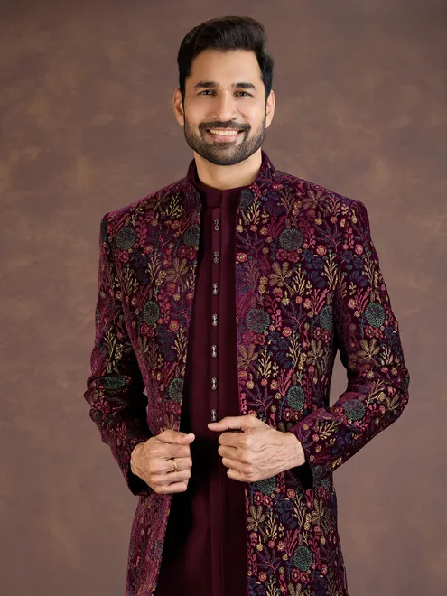 Wine velvet Indo western jacket set with multicolour embroidery