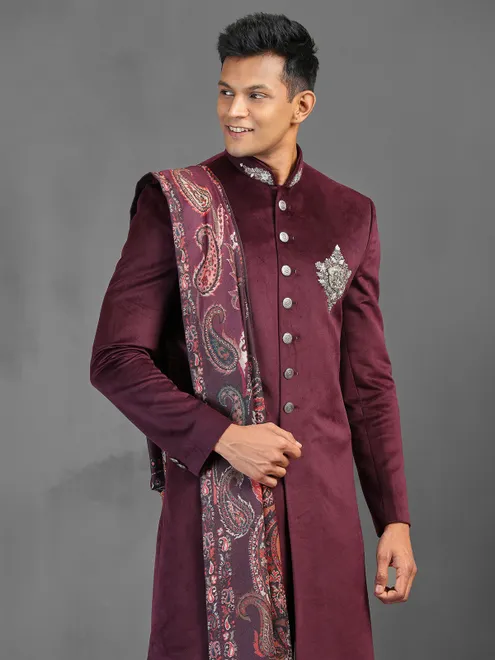 Wine wedding wear indowestern suit with dupatta