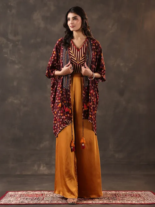 Wine yellow crepe silk jacket style palazzo suit