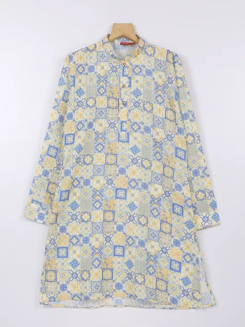 Yellow and blue silk printed kurta suit