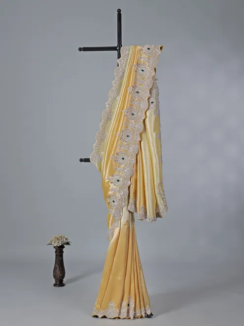Yellow and gold shimmer dola silk saree for wedding