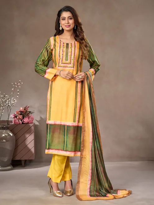 Yellow and green silk salwar suit with embroidered detail