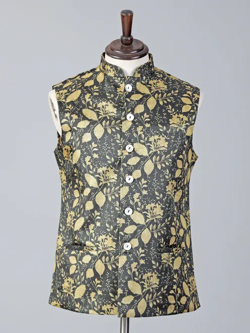 Yellow and grey printed cotton silk waistcoat