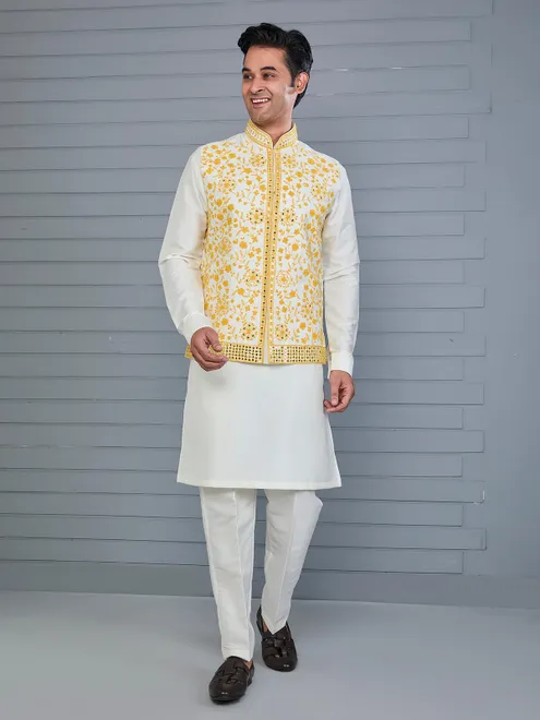 Yellow and off white silk festive waistcoat set