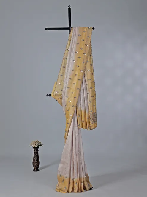 Yellow and off white tissue silk saree for receptions