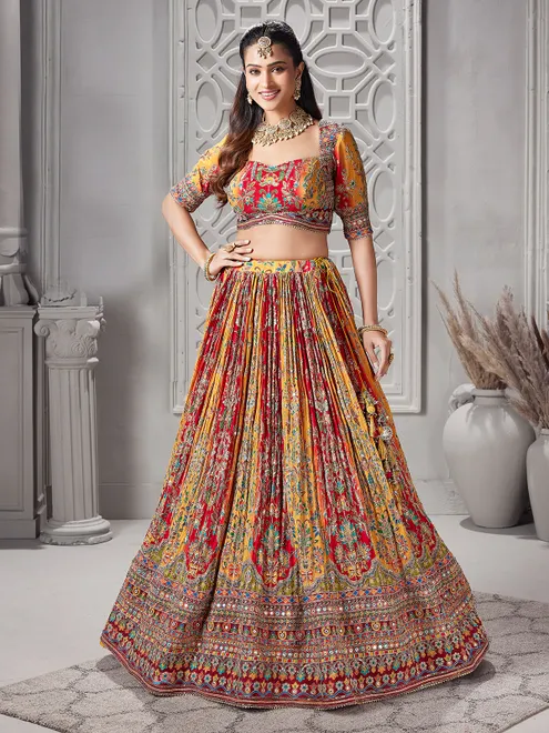 Yellow and red printed gota work lehenga choli