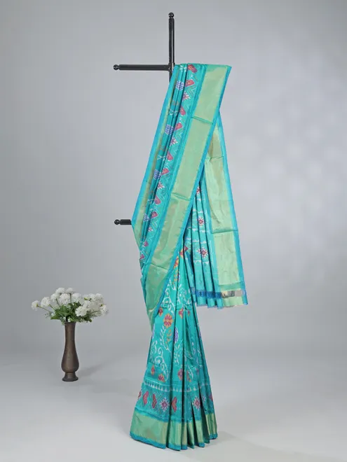 Yellow and white patola silk saree with unstitched blouse piece