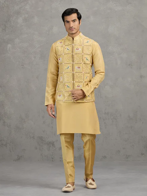 Yellow art silk embroidered waistcoat set