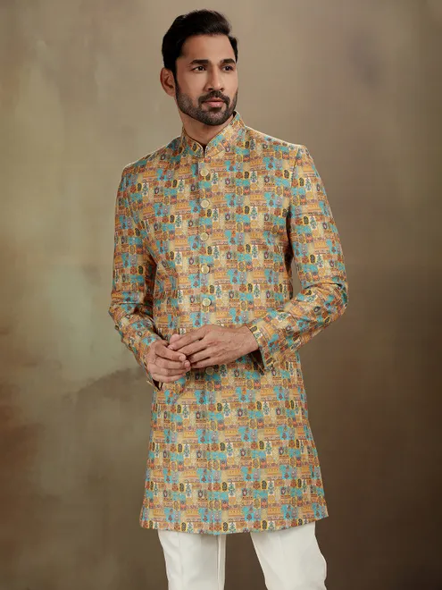 Yellow banarasi jacquard heritage indo western