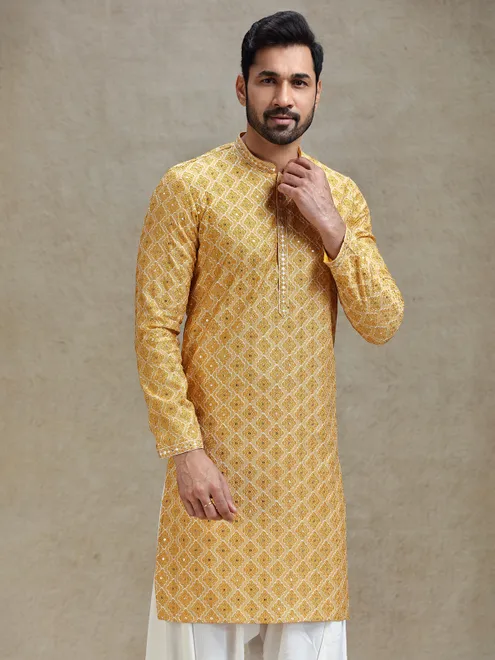 Yellow classic symmetrical embroidery patterned kurta salwar set
