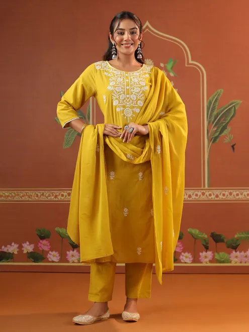 Yellow cotton festival wear kurti set with round neckline