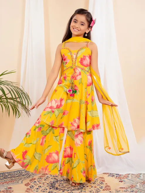 Yellow cotton printed palazzo suit for girls haldi wear