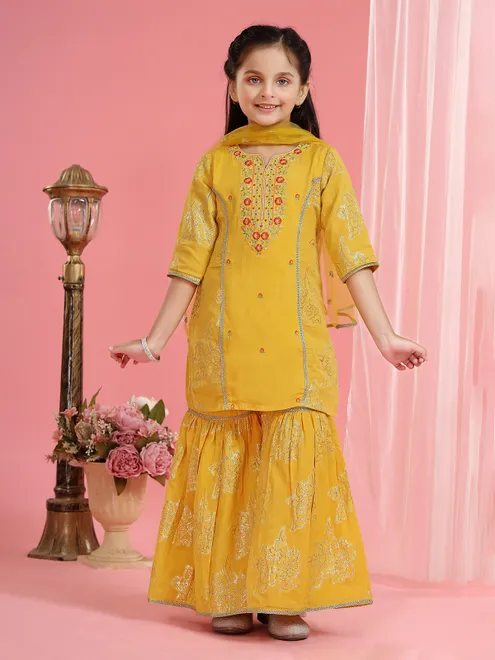 Yellow cotton sharara designer haldi suit with dupatta