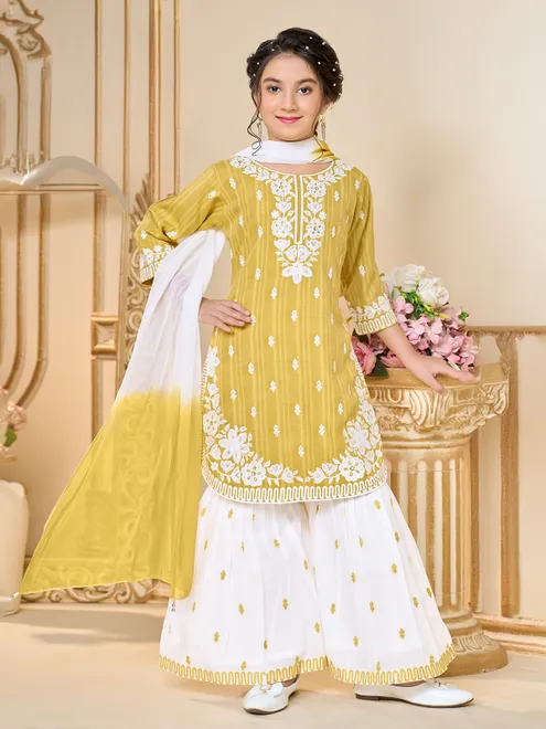 Yellow cotton sharara suit with dupatta