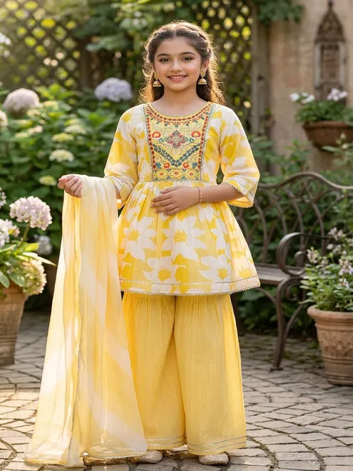 Yellow cotton sharara suit with festive embellishments
