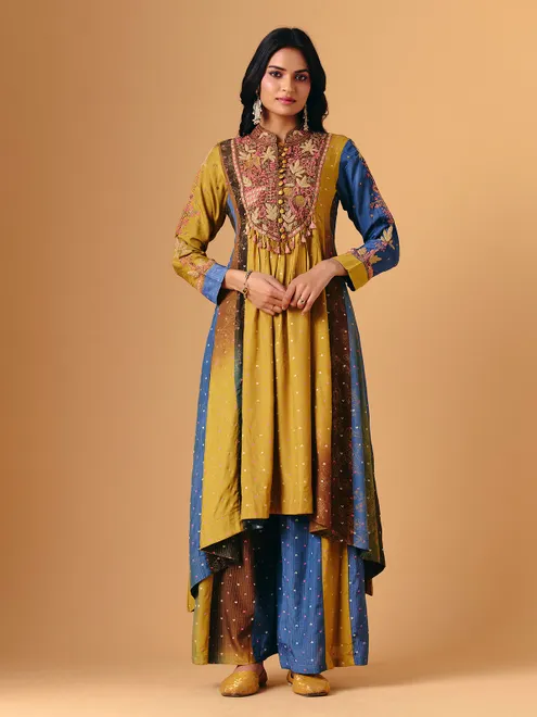 Yellow cotton silk band gala ethnic palazzo suit