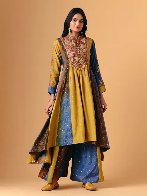 Yellow cotton silk band gala ethnic palazzo suit