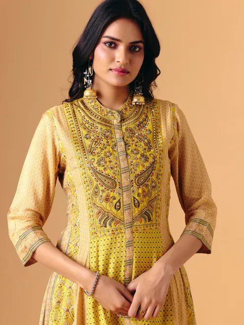 Yellow cotton silk band gala palazzo suit