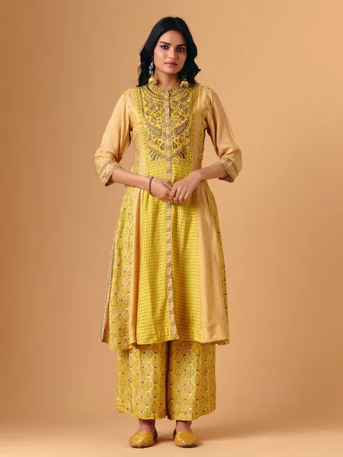 Yellow cotton silk band gala palazzo suit