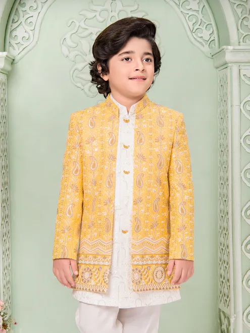 Yellow cotton silk embroidered indo western set