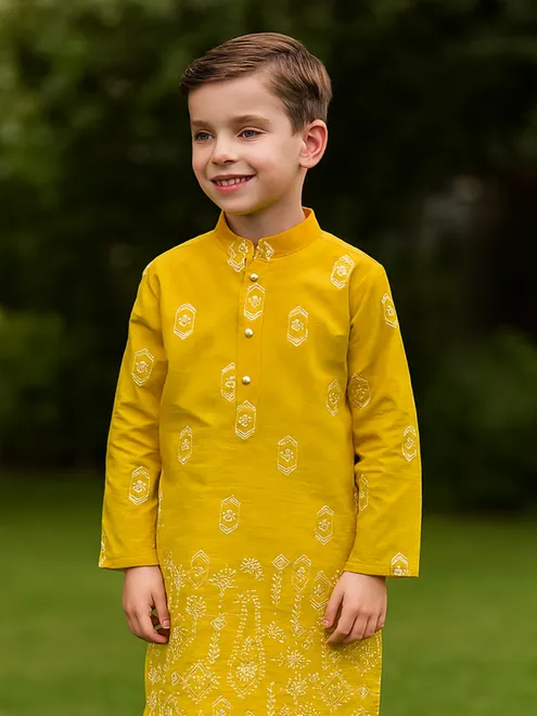 Yellow cotton silk kurta suit with embroidery