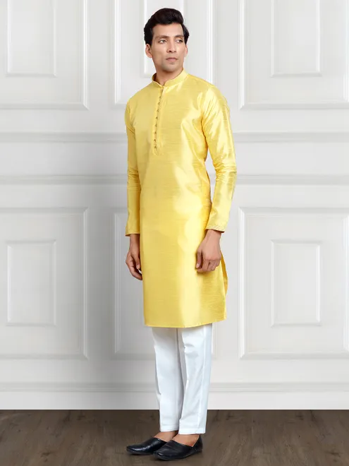 Yellow cotton silk plain  Men Kurta pajama