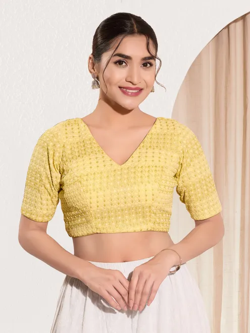 Yellow cotton silk V neck back open blouse